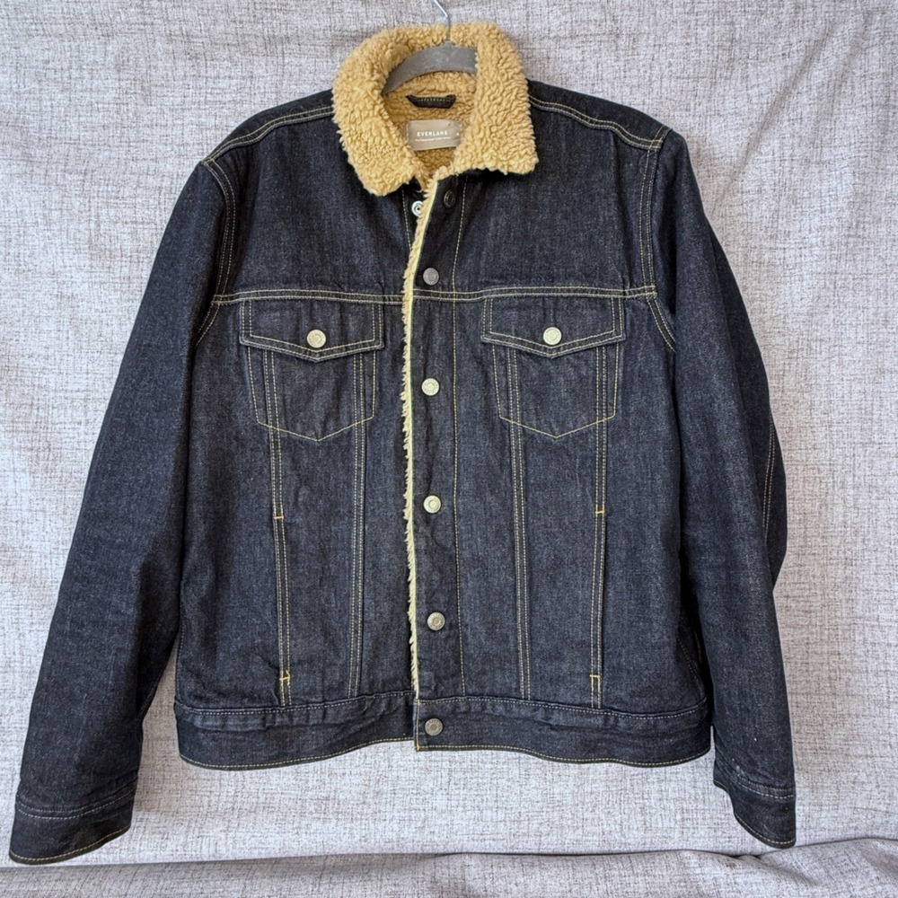 Everlane Mens Fleece Lined Trucker Jacket Dark Wash Denim Organic Cotton M
